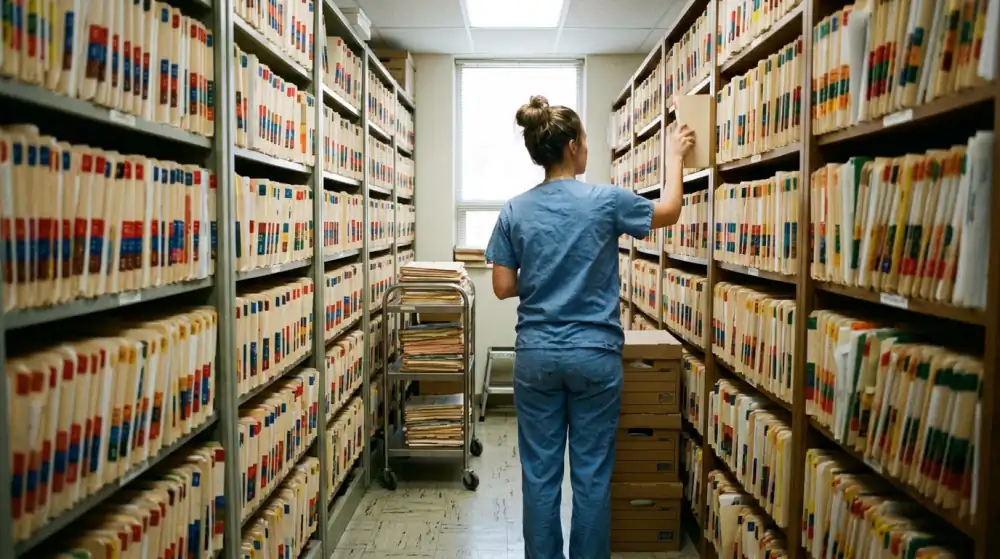 A clinician's desk with a laptop showing a spreadsheet and a stethoscope placed beside a folder