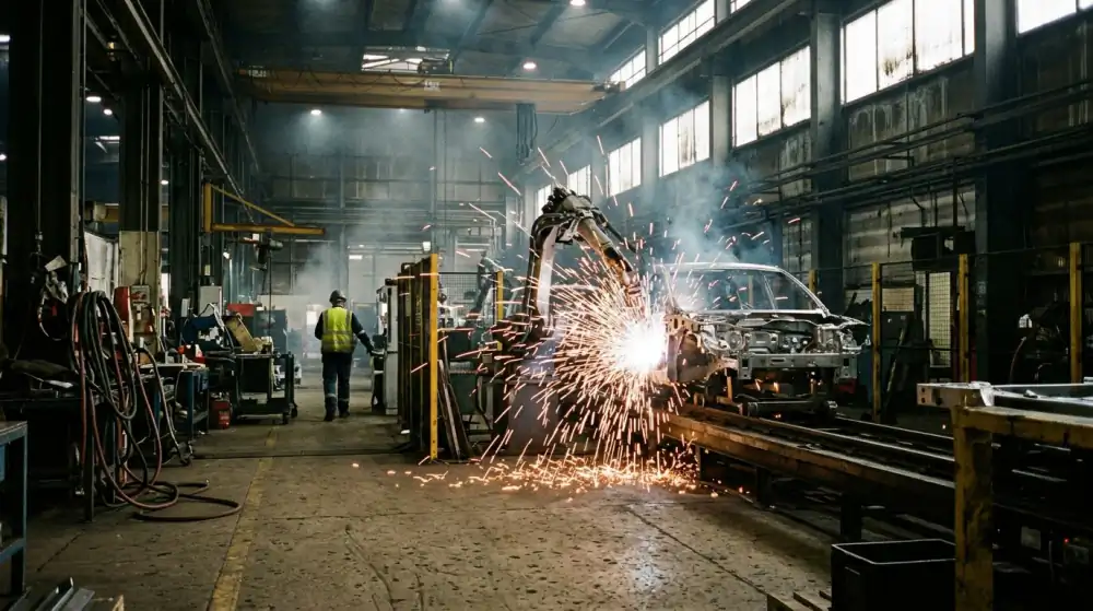 Technician inspecting a machine on a factory floor with a tablet in hand