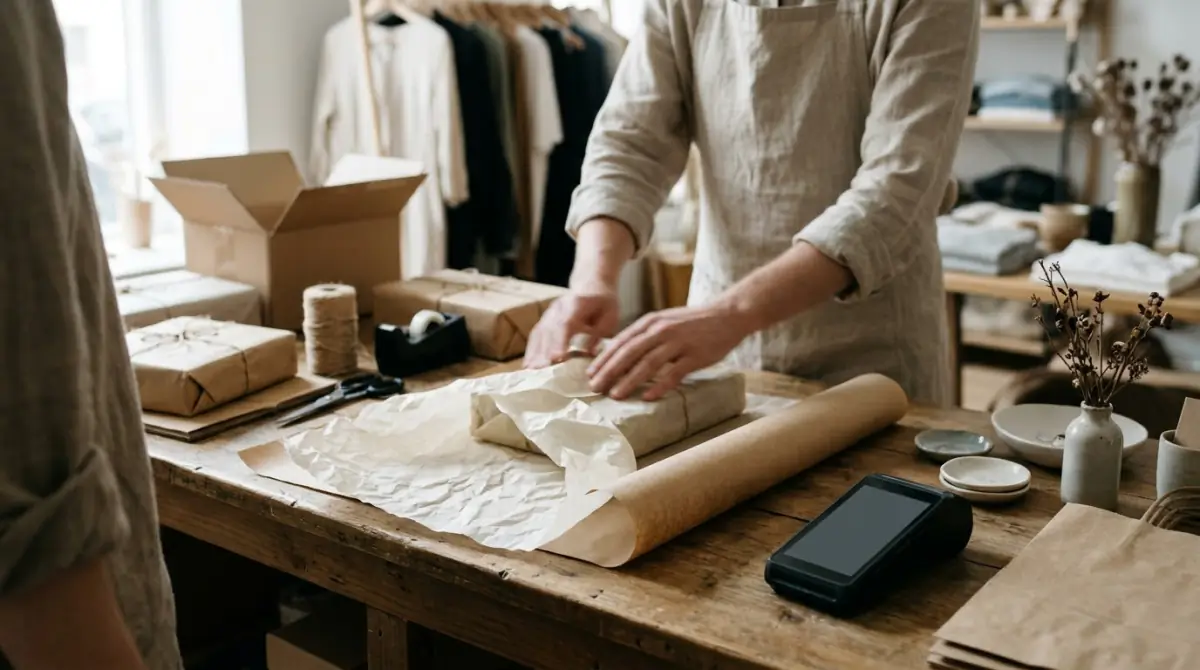 Online store packer preparing parcels next to shelves of stock in a small fulfilment room