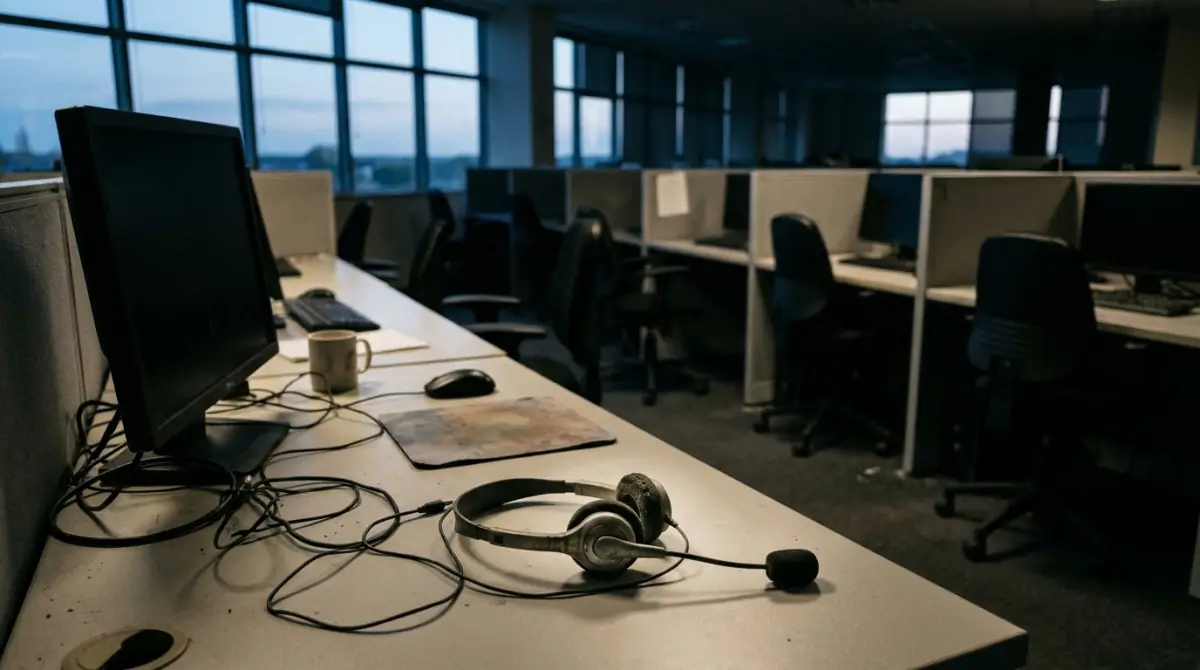 A customer support team member wearing a headset typing at a desk with a ticket queue on screen