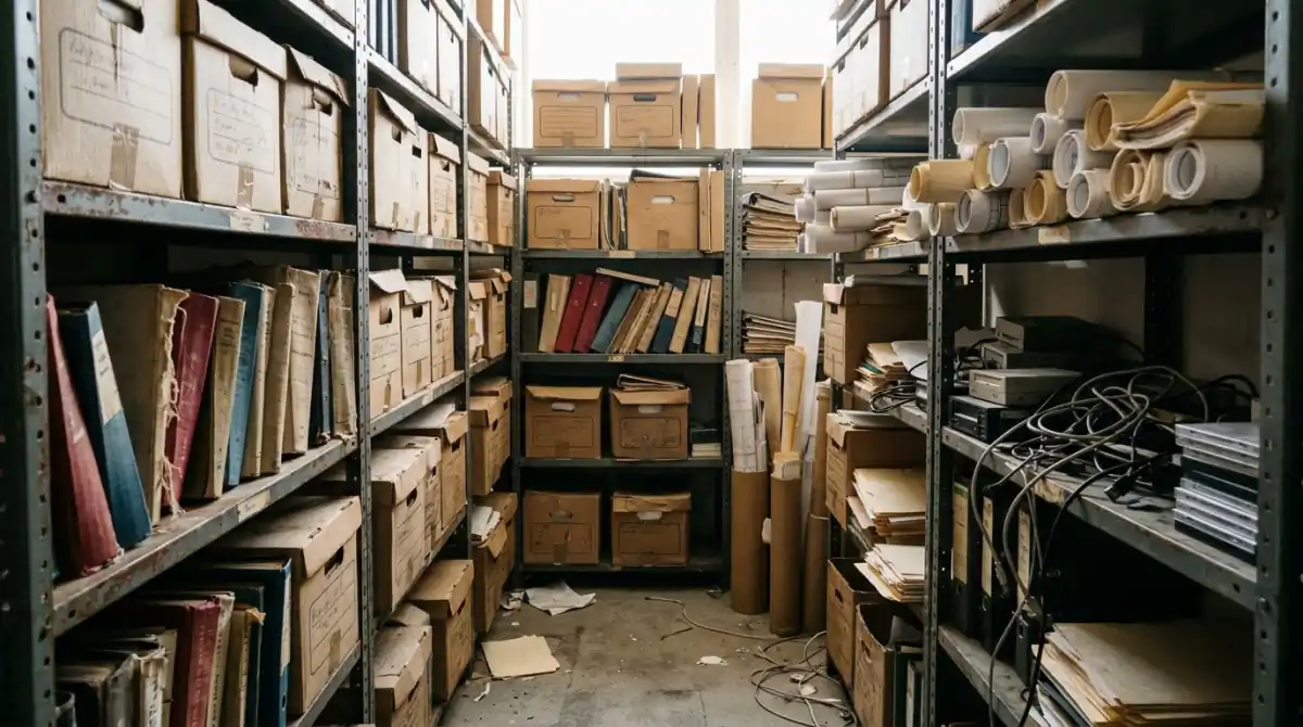 Rows of labelled archive boxes on shelves in a records room